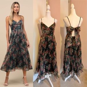 Alondra Dark Green Multi Floral Pleated Midi Dress (NWT)